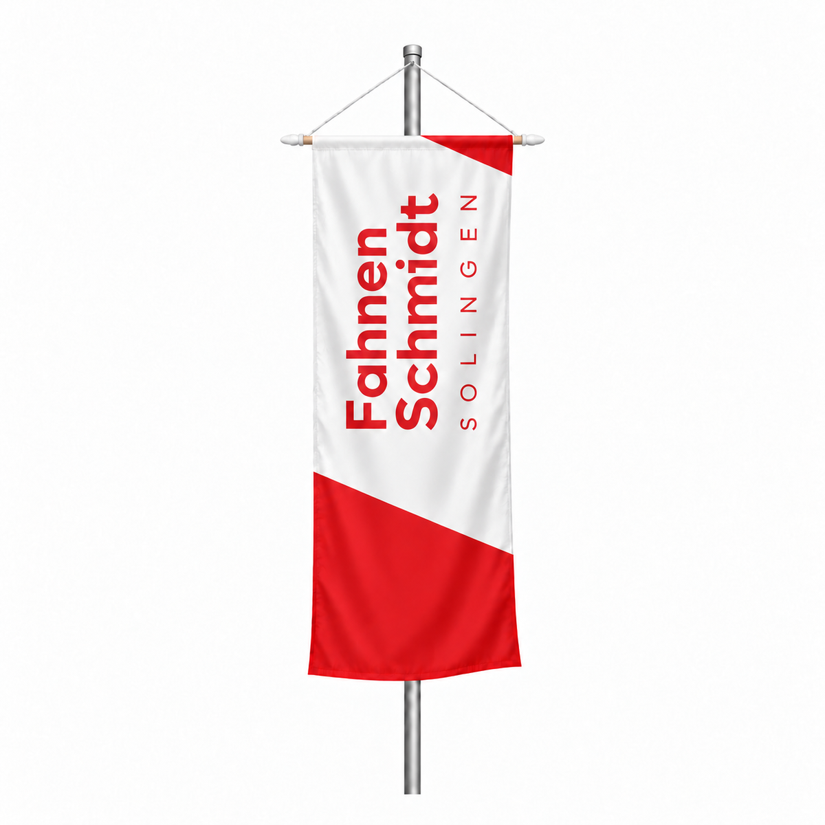 Bannerfahne mit schlankem Holzquerstab, weißen Endstücken und Kordelaufhängung am 75-mm-Fahnenmast